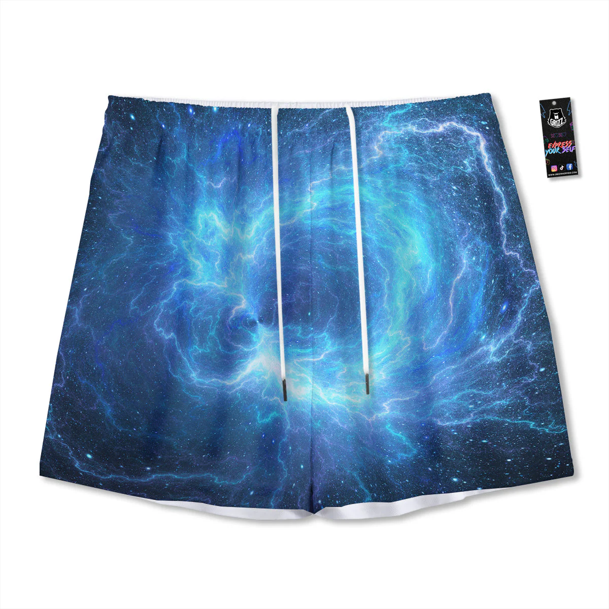Blue Glowing Giant Lightning In Space Print Mesh Shorts