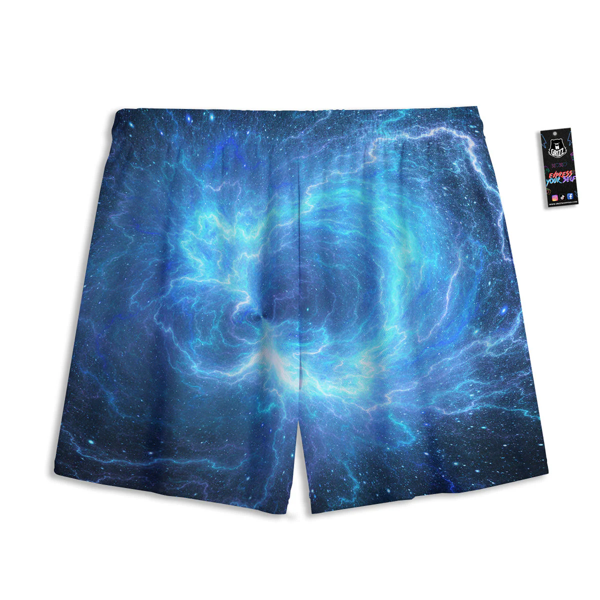 Blue Glowing Giant Lightning In Space Print Mesh Shorts - Image 2