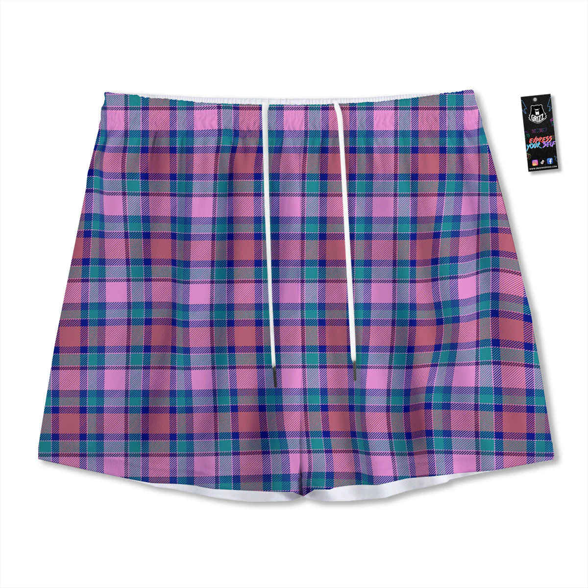 Blue Green And Pink Tartan Print Pattern Mesh Shorts