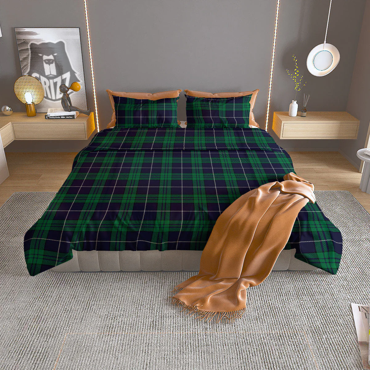 Blue Green And White Tartan Print Duvet Cover Bedding Set
