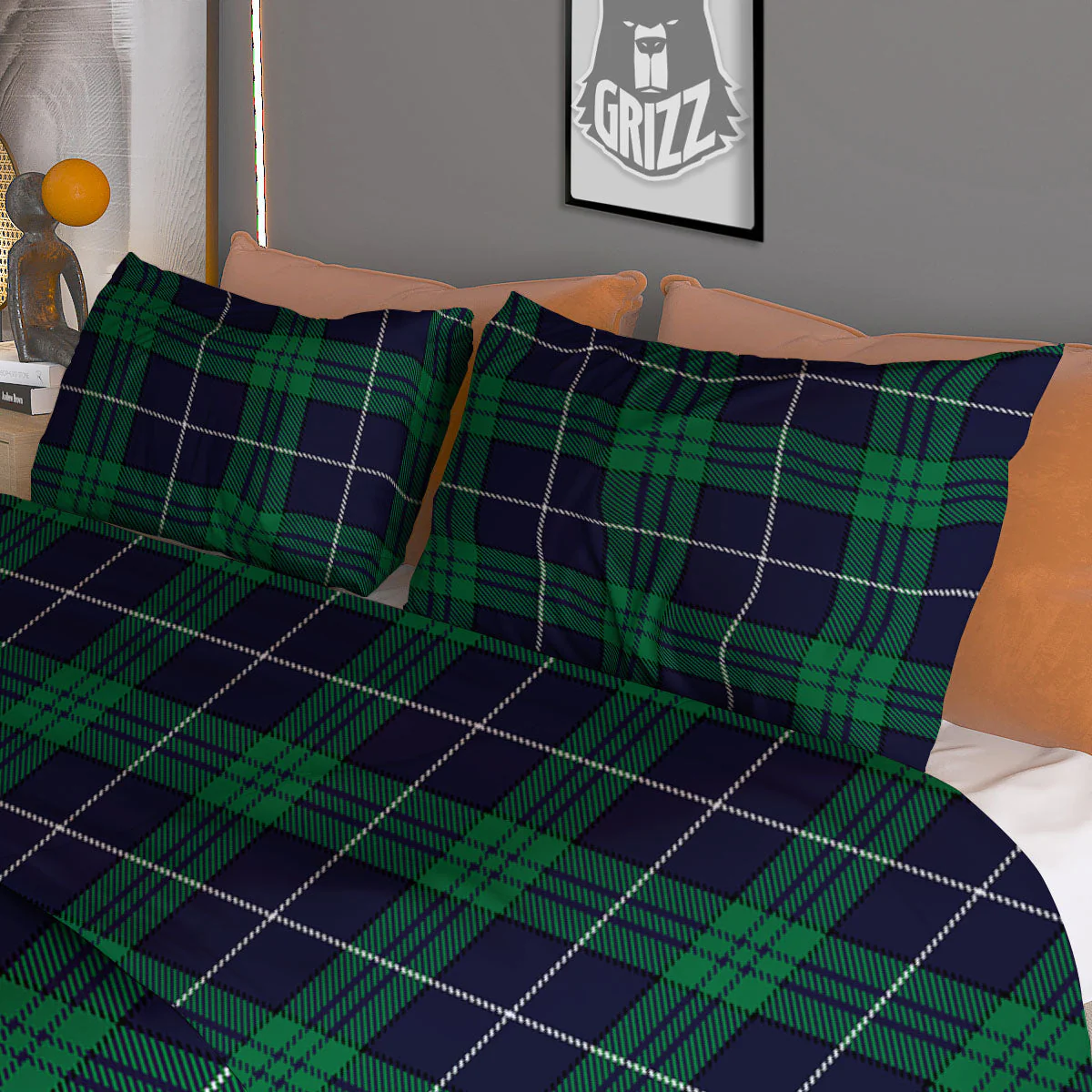 Blue Green And White Tartan Print Duvet Cover Bedding Set - Image 3