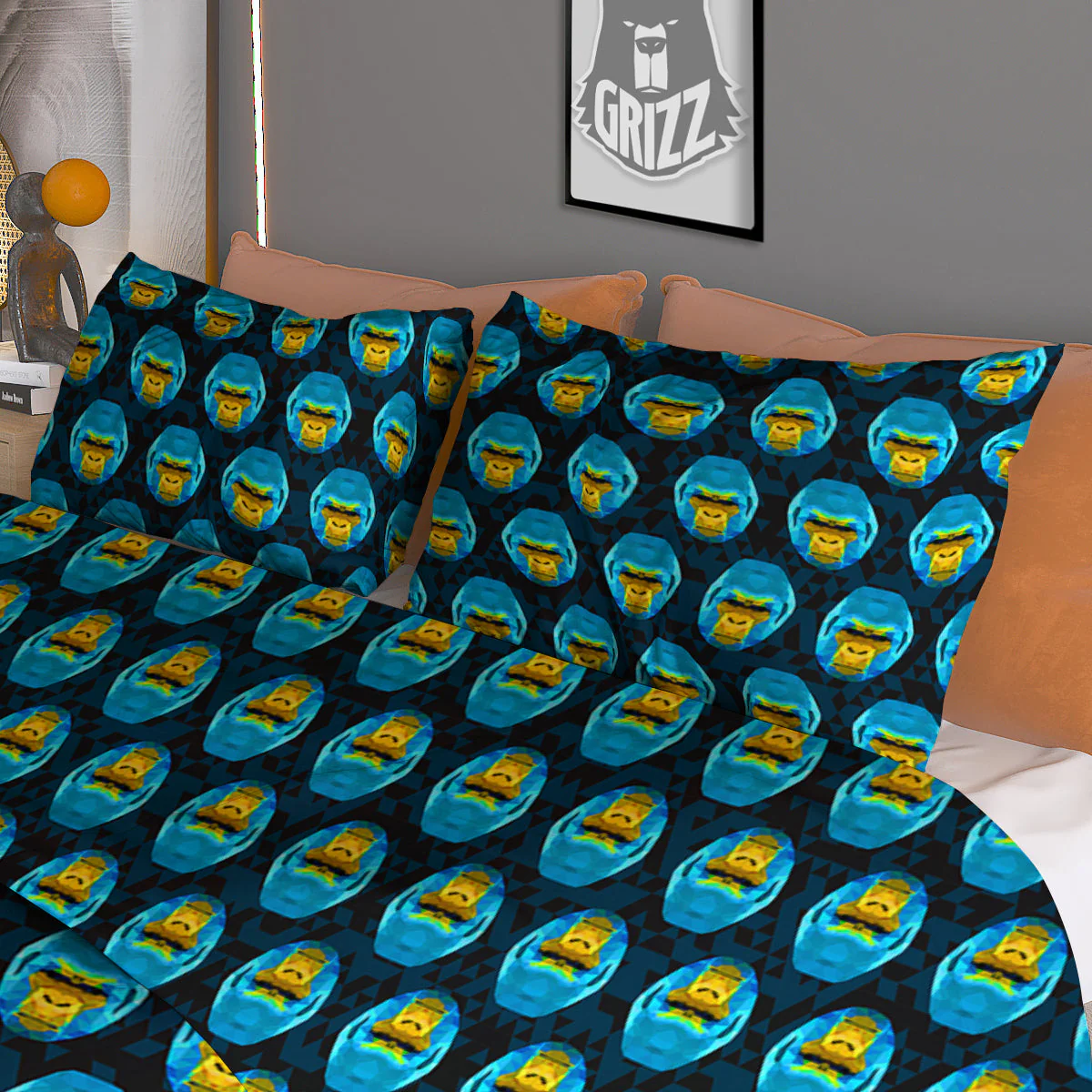 Blue Head Gorilla Geometric Triangle Print Pattern Duvet Cover Bedding Set - Image 3