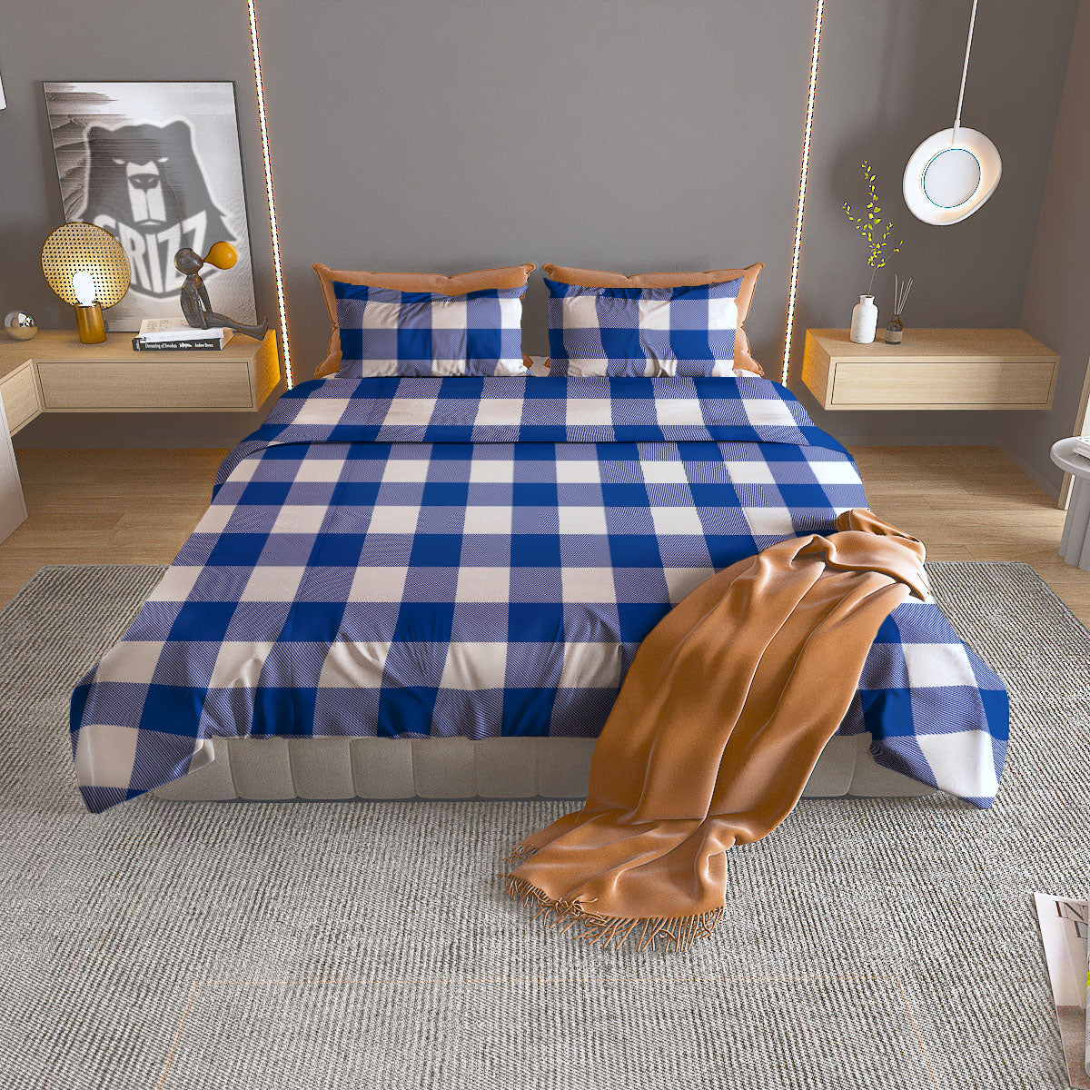 Blue Indigo And White Gingham Print Duvet Cover Bedding Set