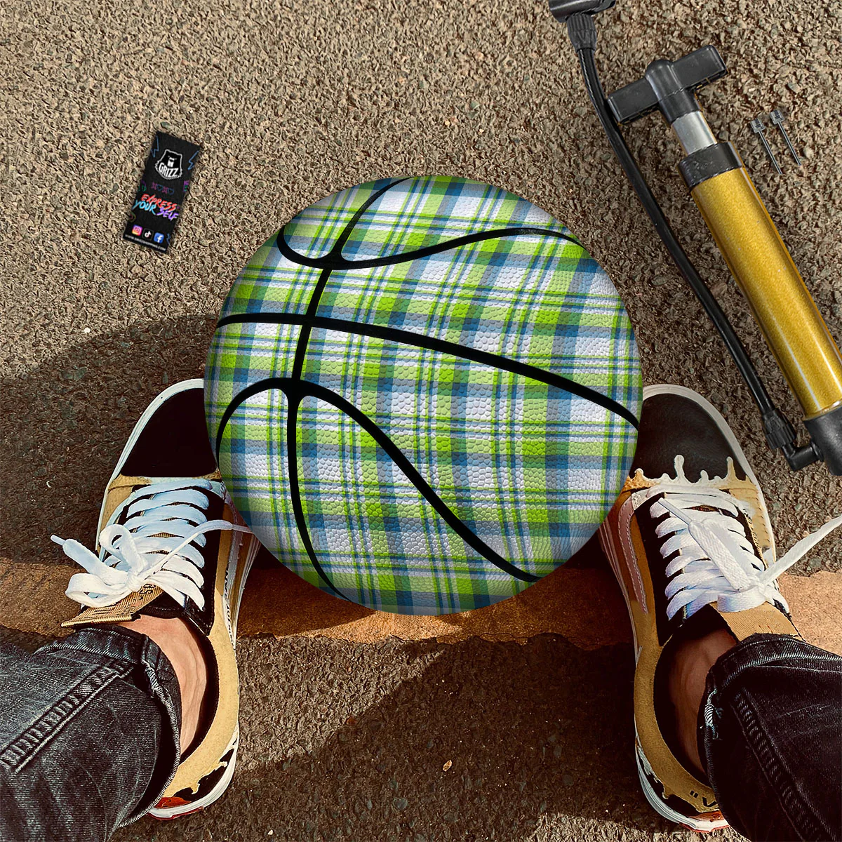 Blue Madras Plaid And Lime Print Pattern Basketball - Image 2