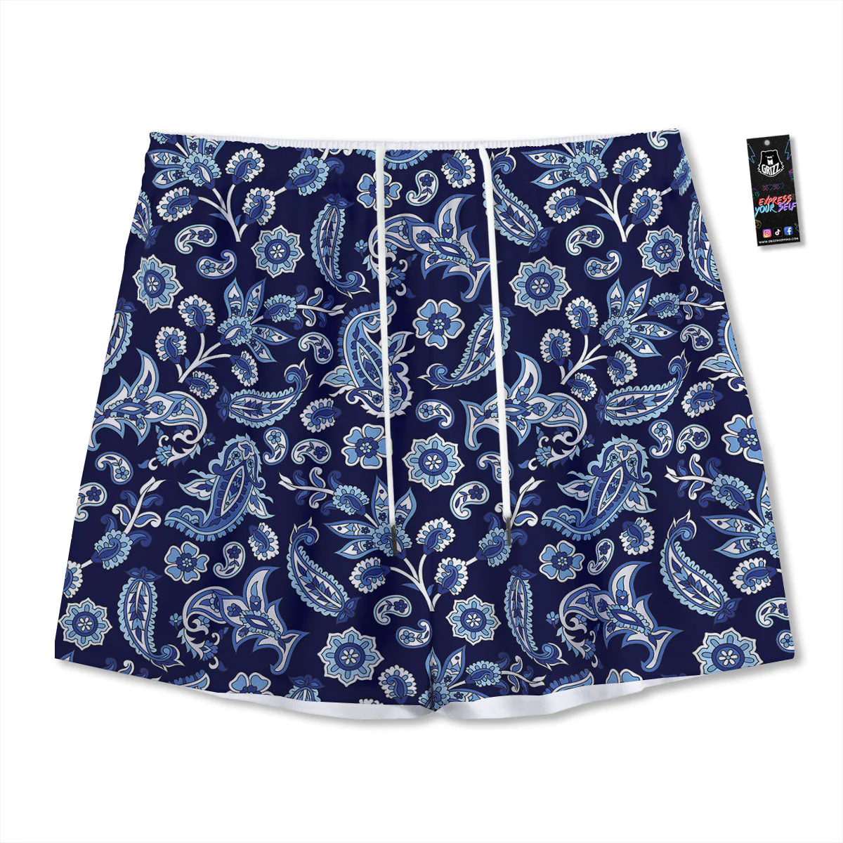 Blue Paisley Print Pattern Mesh Shorts