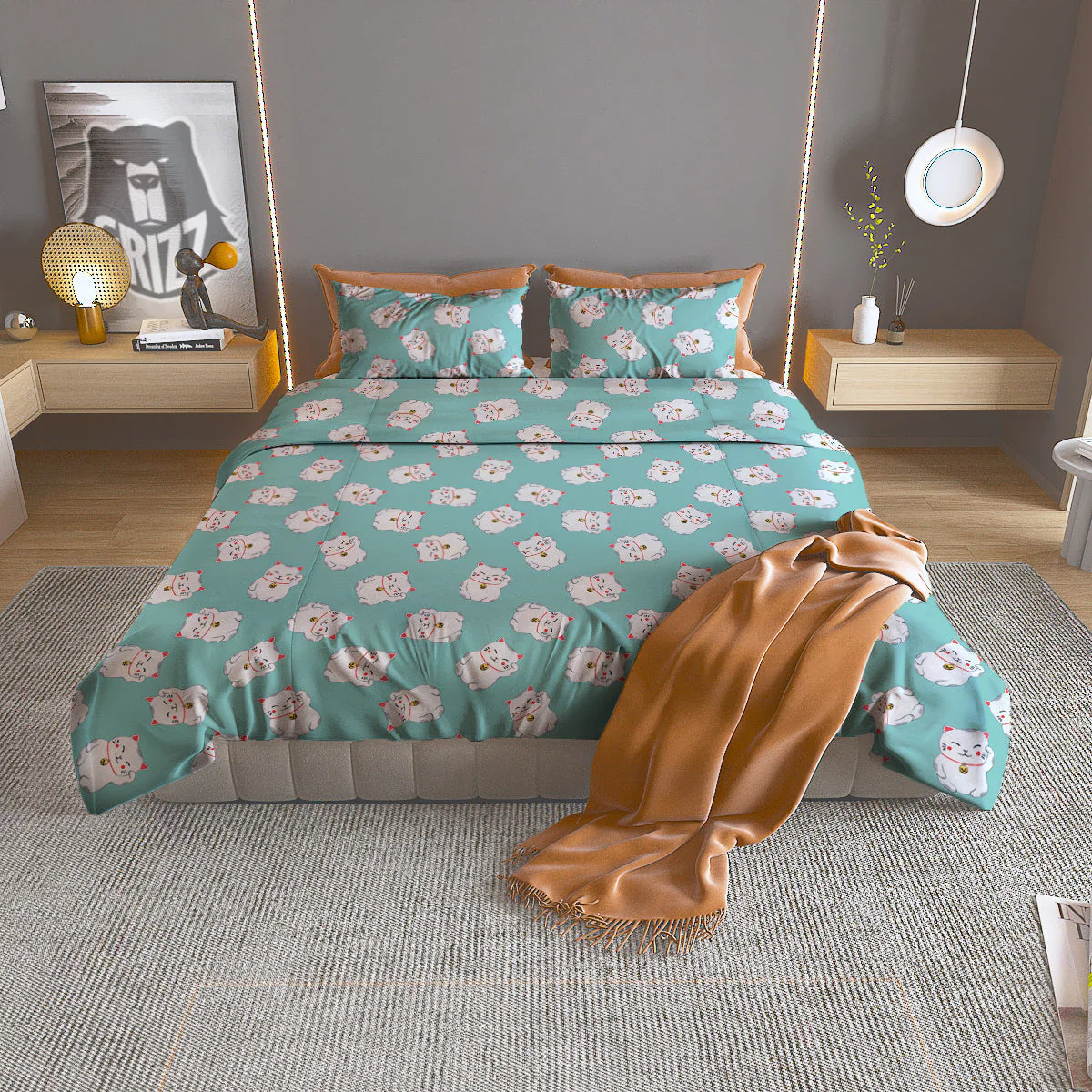 Blue Pastel Lucky Cat Print Pattern Duvet Cover Bedding Set