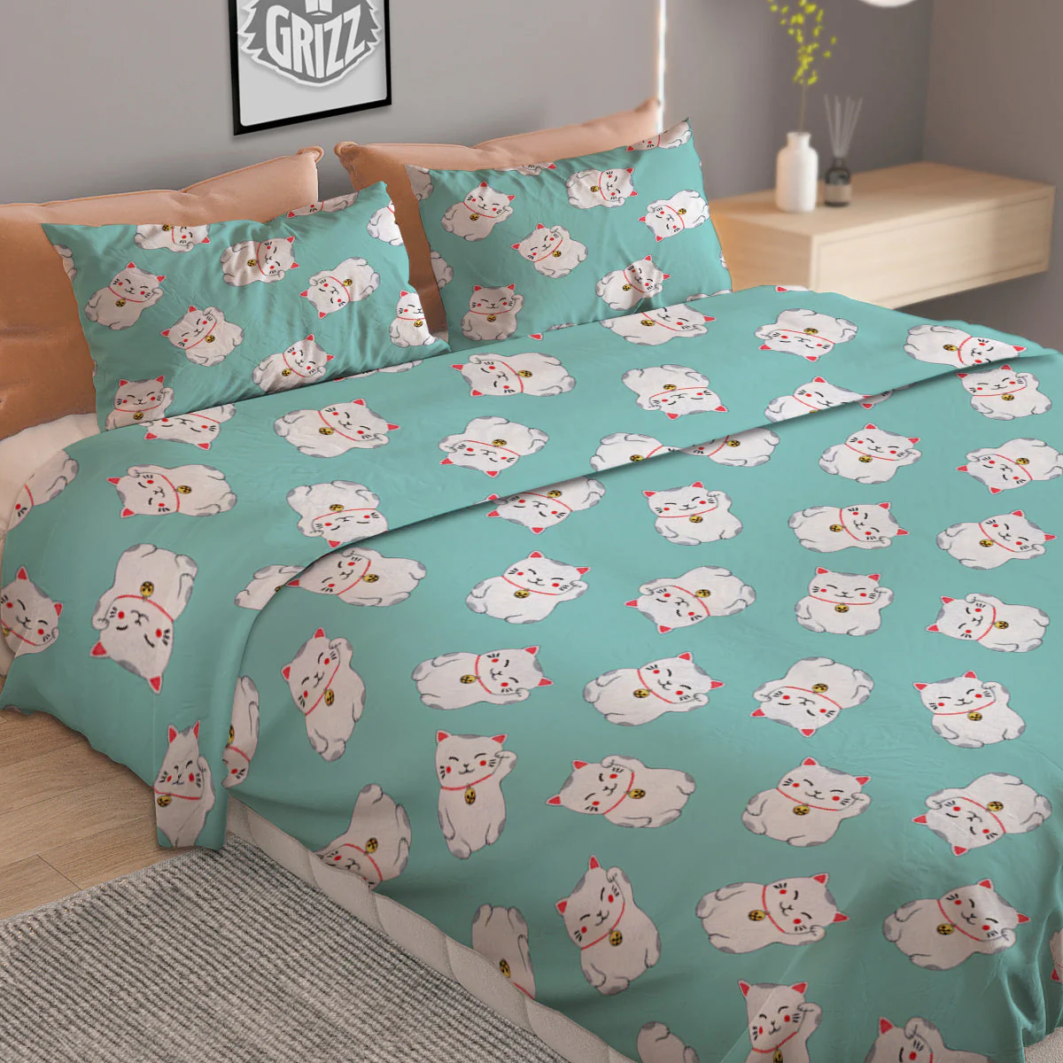 Blue Pastel Lucky Cat Print Pattern Duvet Cover Bedding Set - Image 2