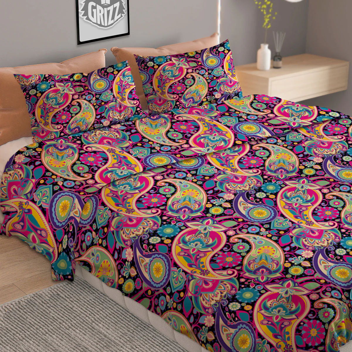 Blue Pink And Green Paisley Print Duvet Cover Bedding Set - Image 2