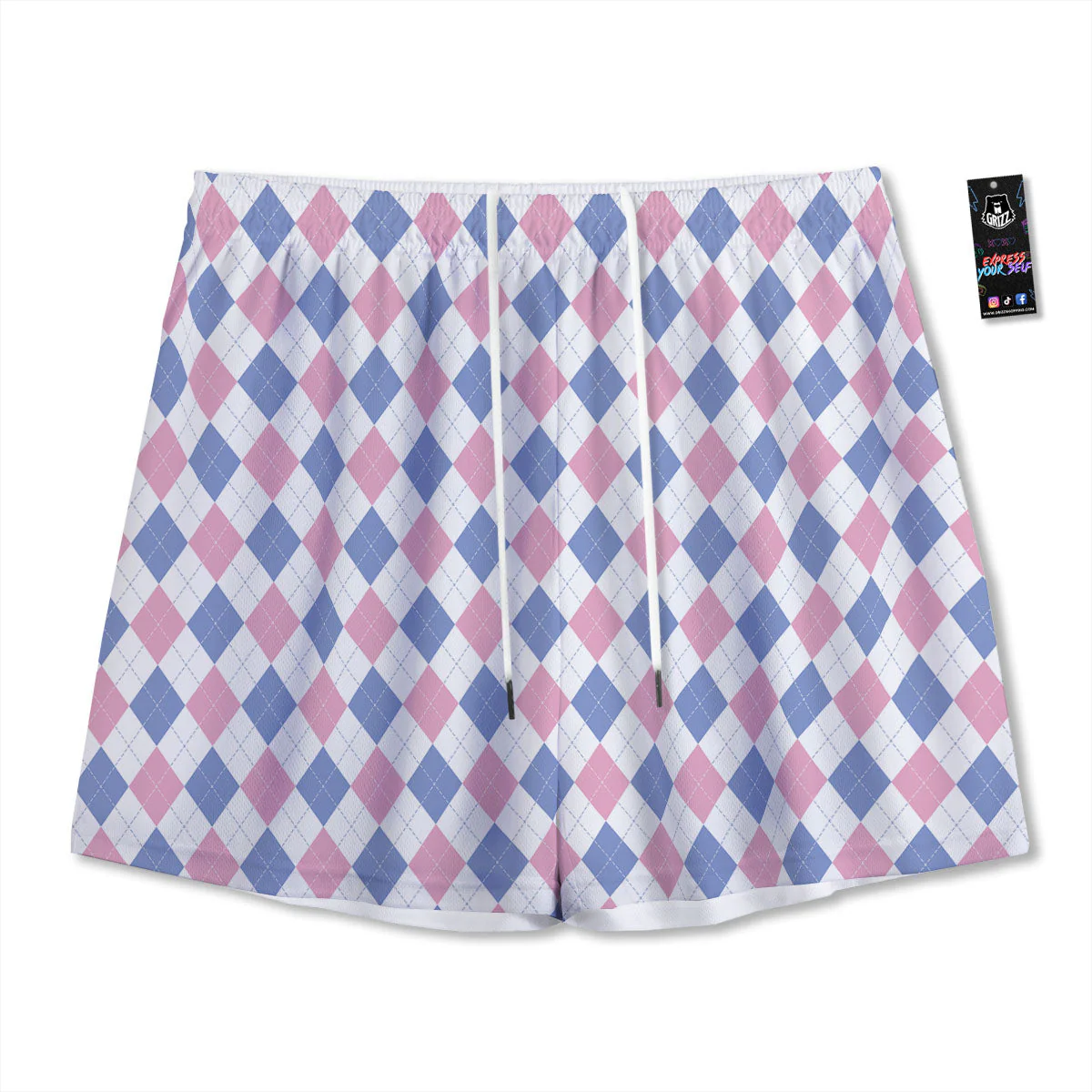 Blue Pink And White Argyle Print Pattern Mesh Shorts