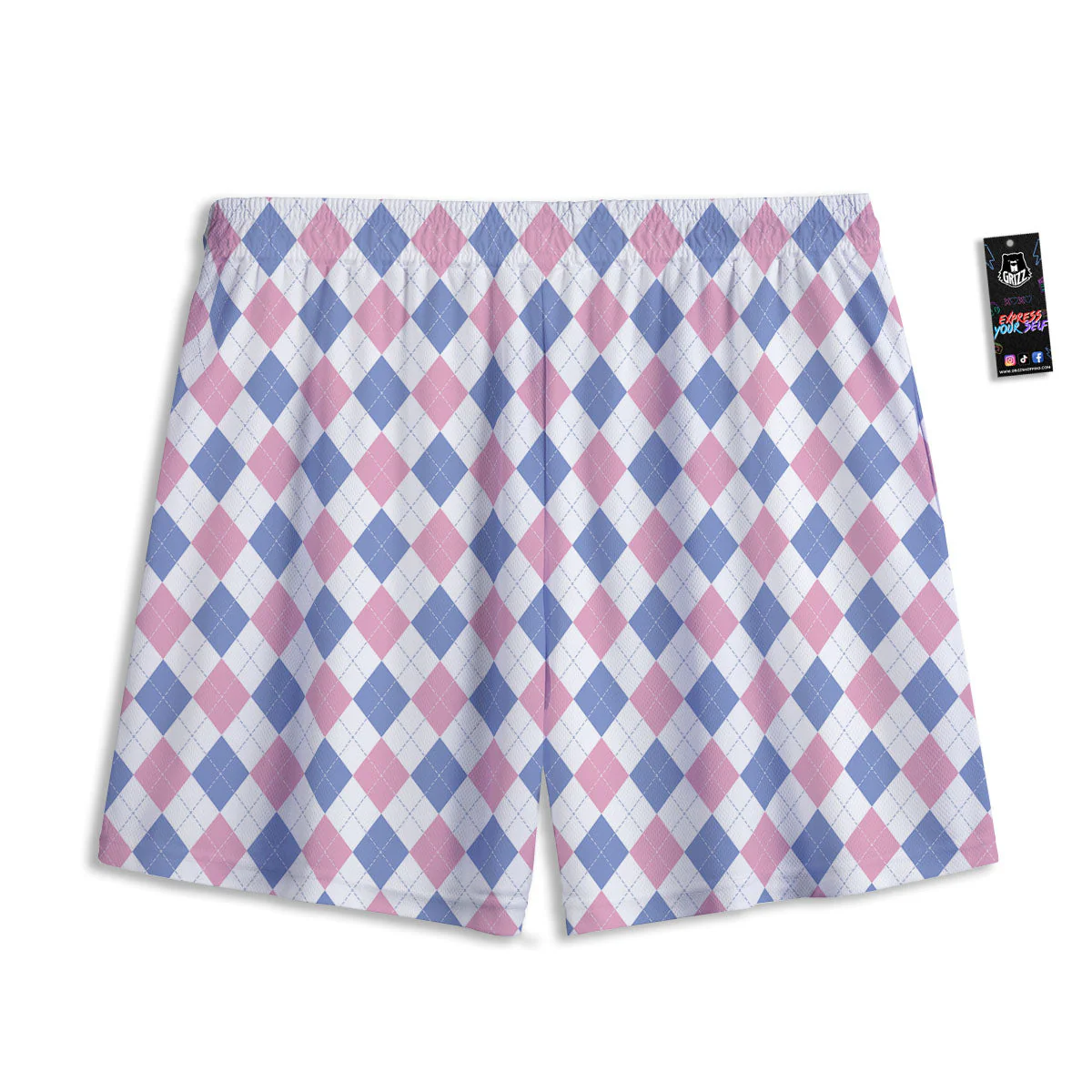 Blue Pink And White Argyle Print Pattern Mesh Shorts - Image 2