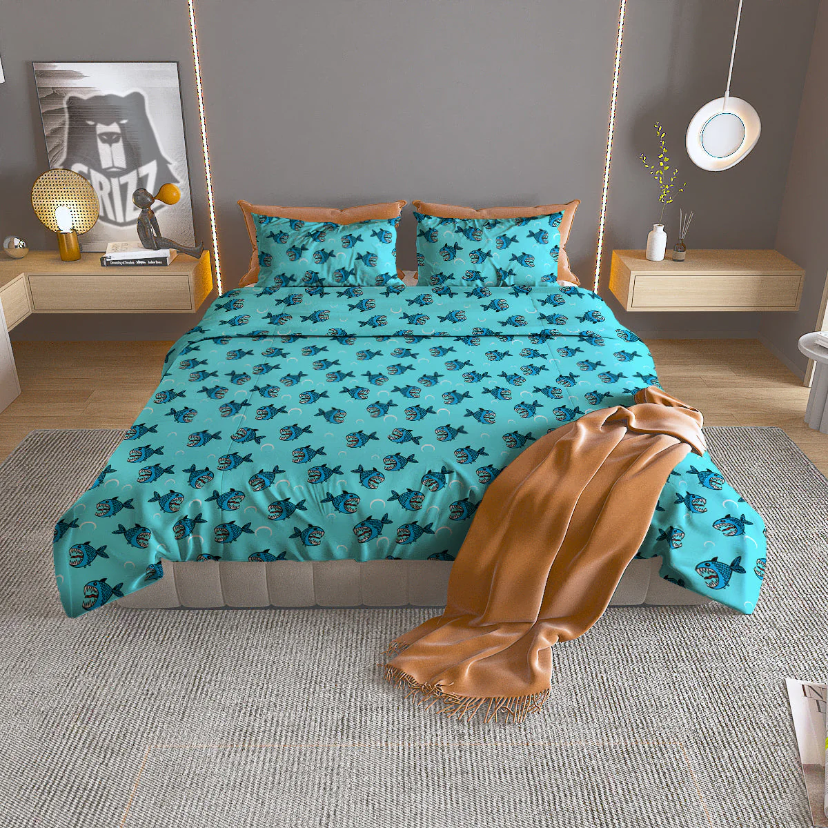 Blue Piranha Print Pattern Duvet Cover Bedding Set