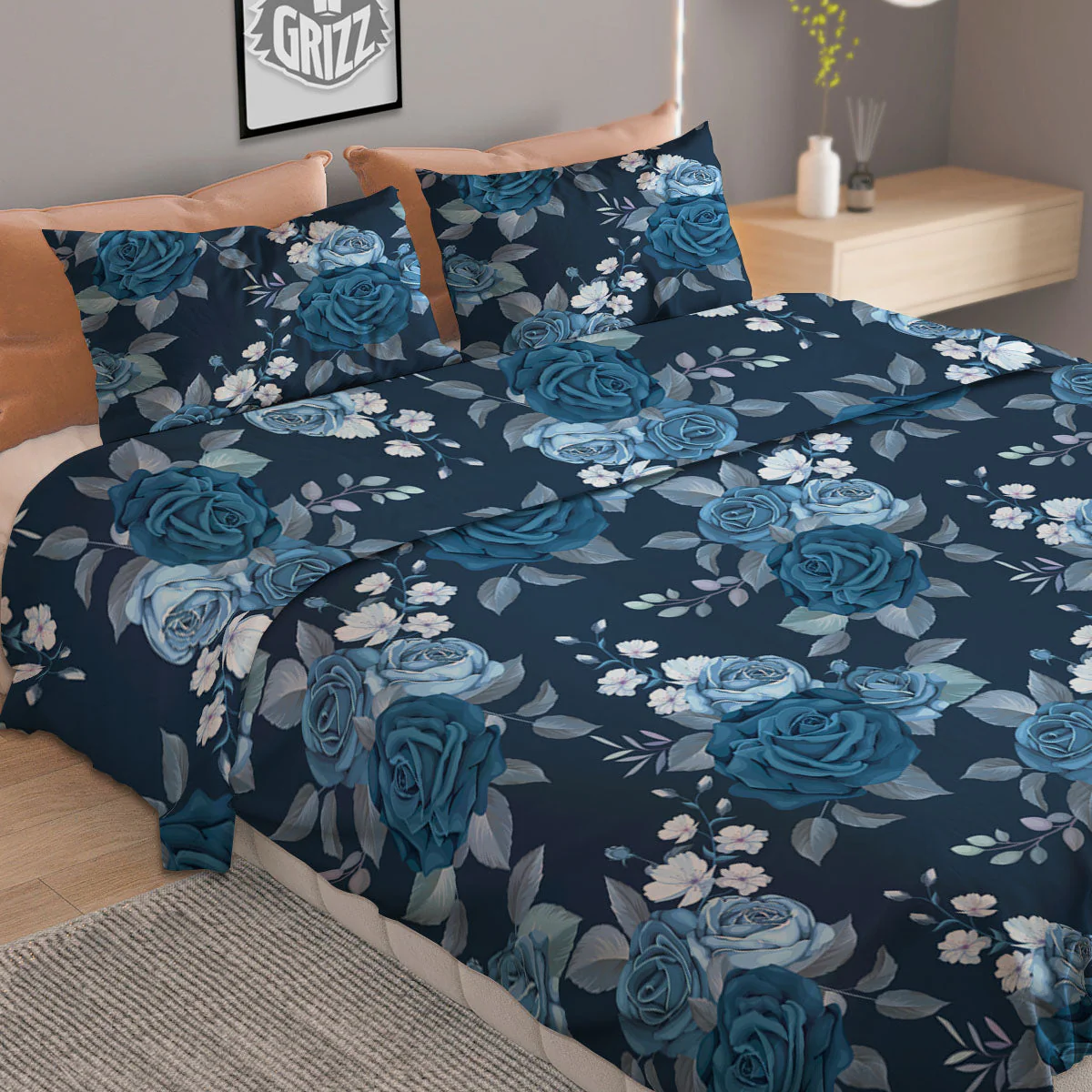 Blue Rose Royal Print Pattern Duvet Cover Bedding Set - Image 2