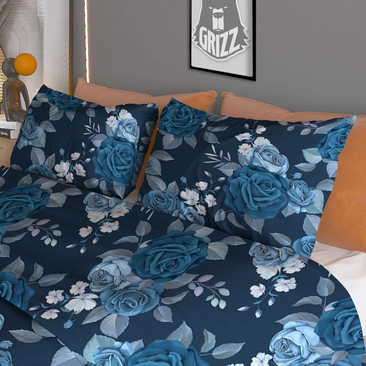 Blue Rose Royal Print Pattern Duvet Cover Bedding Set - Image 3