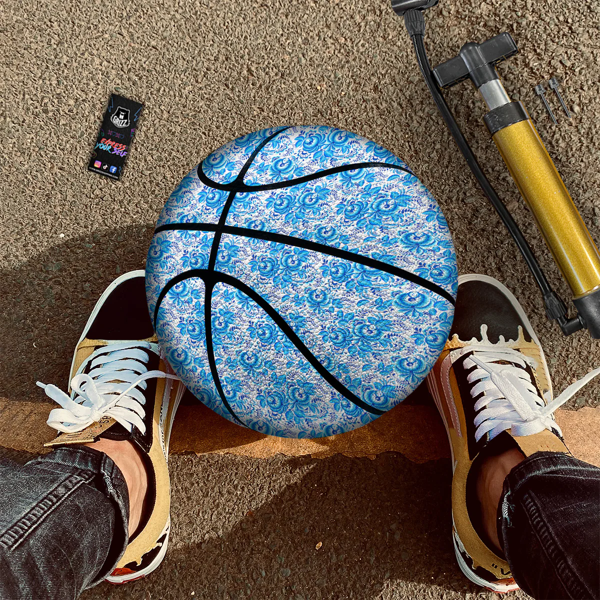 Blue Russian Floral Gzhel Print Pattern Basketball - Image 2