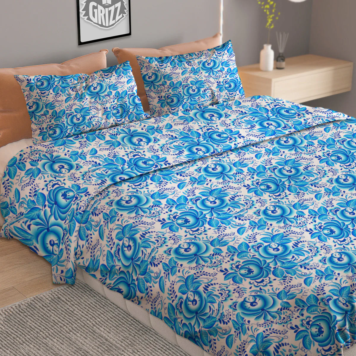 Blue Russian Floral Gzhel Print Pattern Duvet Cover Bedding Set - Image 2
