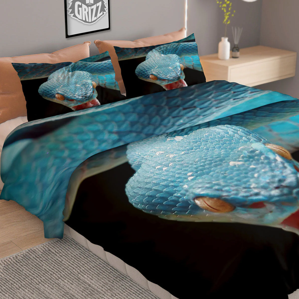 Blue Scary Viper Snake Print Duvet Cover Bedding Set - Image 2