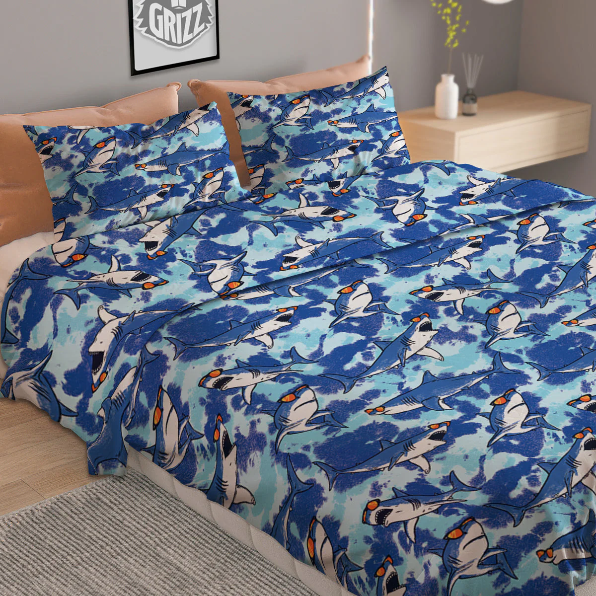 Blue Shark Print Pattern Duvet Cover Bedding Set - Image 2