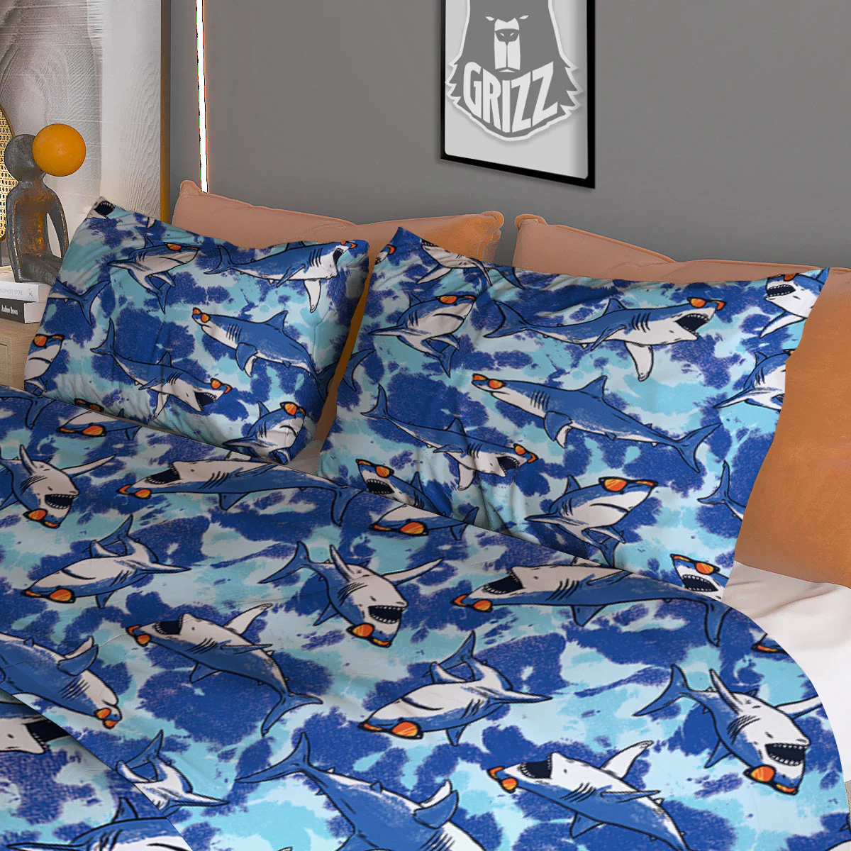 Blue Shark Print Pattern Duvet Cover Bedding Set - Image 3
