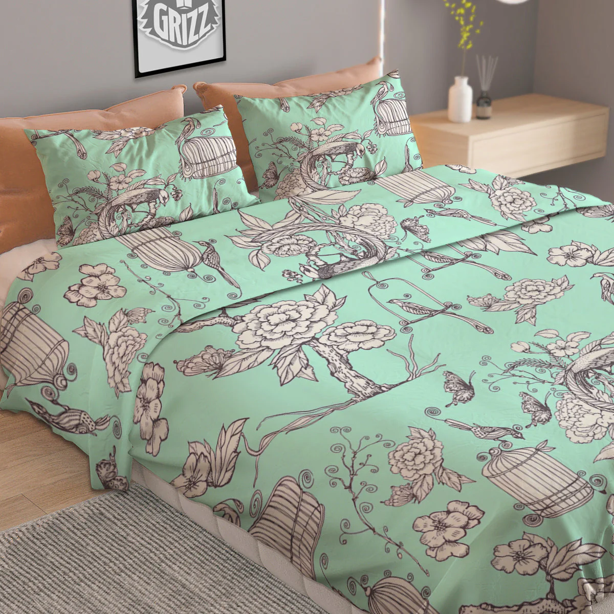 Blue Sky White Chinoiserie Print Pattern Duvet Cover Bedding Set - Image 2