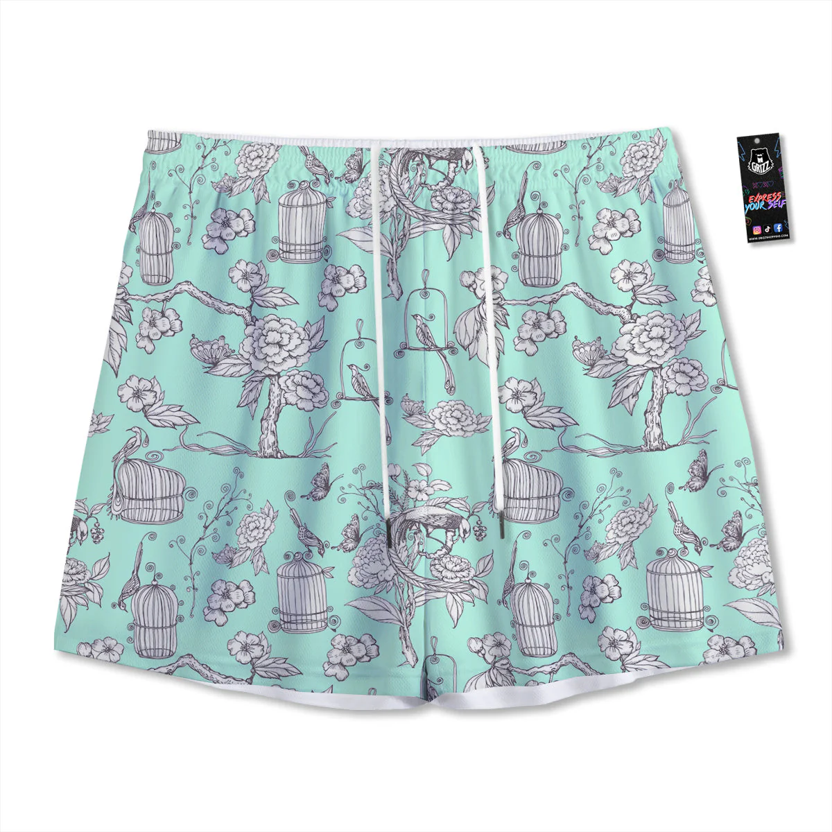 Blue Sky White Chinoiserie Print Pattern Mesh Shorts