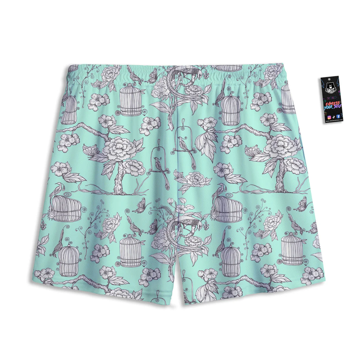 Blue Sky White Chinoiserie Print Pattern Mesh Shorts - Image 2