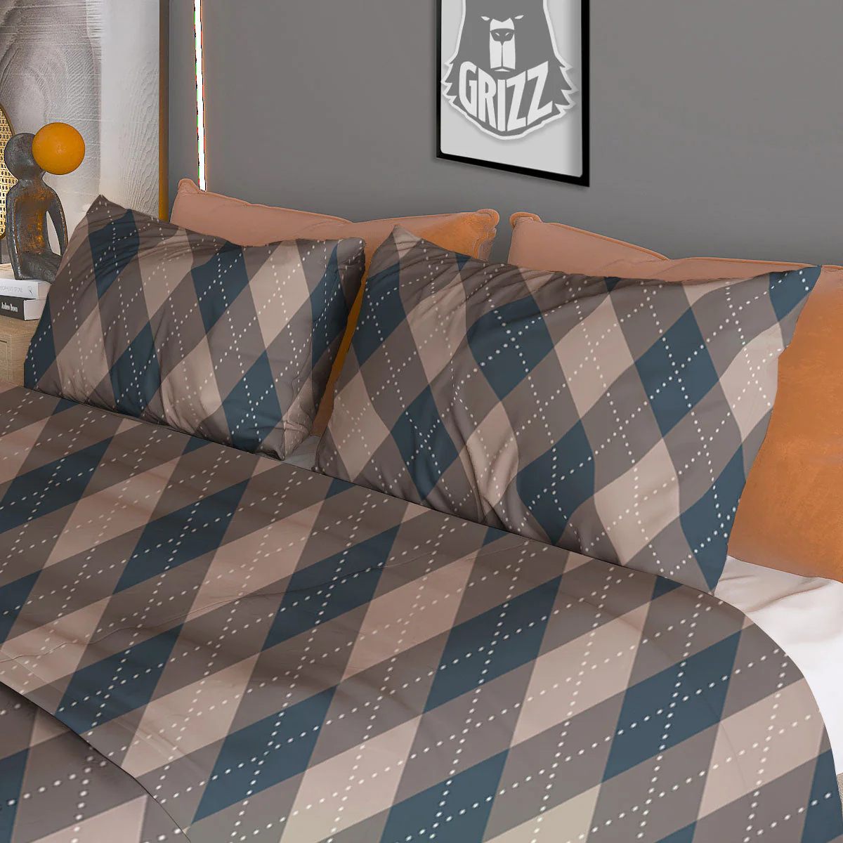 Blue Spruce And Beige Argyle Print Pattern Duvet Cover Bedding Set - Image 3