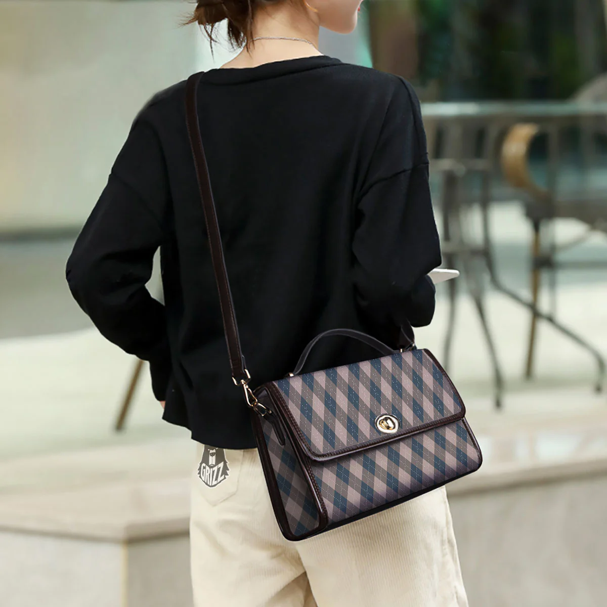 Blue Spruce And Beige Argyle Print Pattern Women's Satchel Bag - Image 3