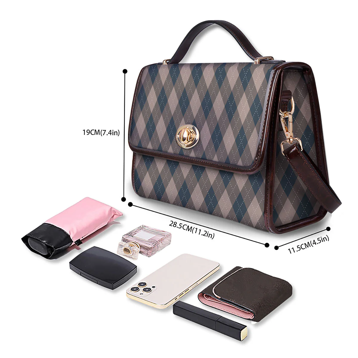 Blue Spruce And Beige Argyle Print Pattern Women's Satchel Bag - Image 4