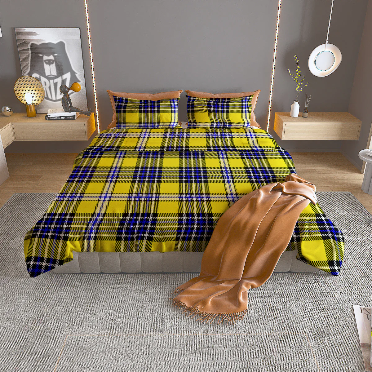 Blue Tartan And Black Yellow Print Pattern Duvet Cover Bedding Set