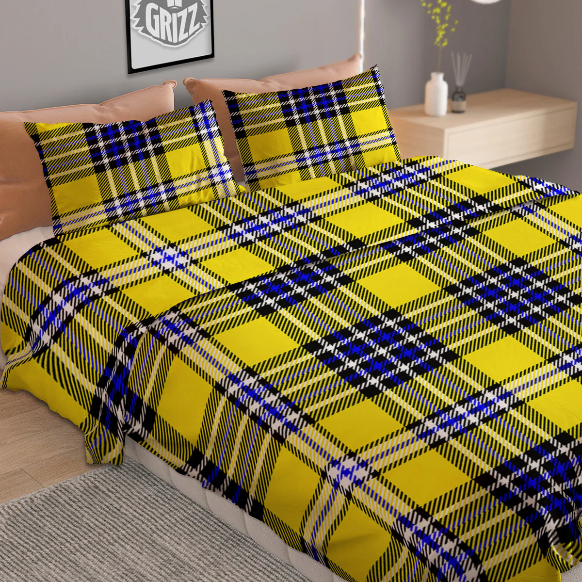 Blue Tartan And Black Yellow Print Pattern Duvet Cover Bedding Set - Image 2