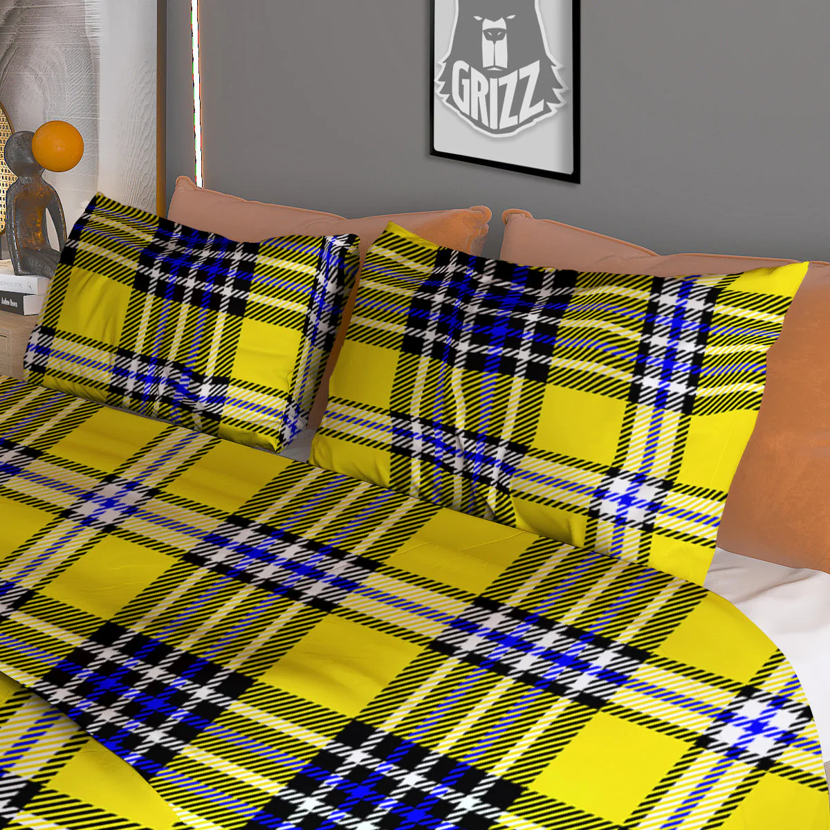 Blue Tartan And Black Yellow Print Pattern Duvet Cover Bedding Set - Image 3