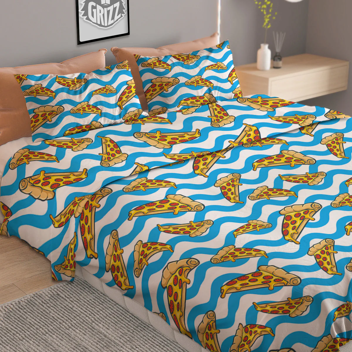 Blue Wave Pizza Print Pattern Duvet Cover Bedding Set - Image 2