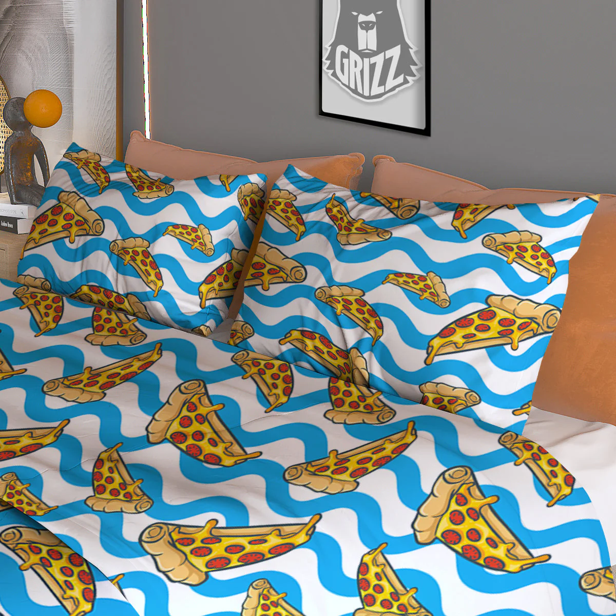 Blue Wave Pizza Print Pattern Duvet Cover Bedding Set - Image 3