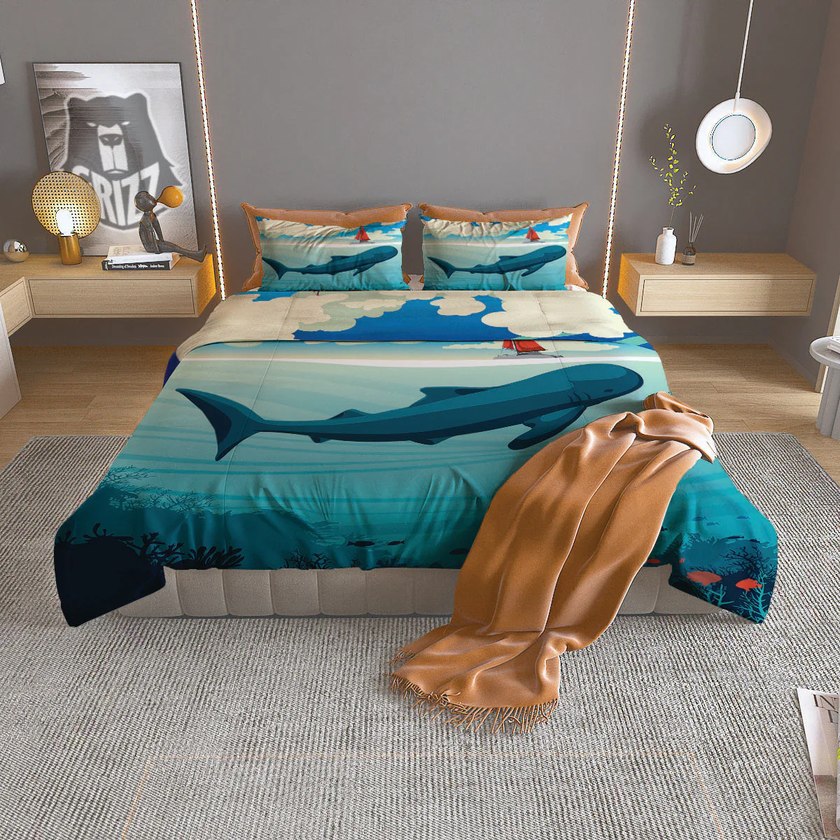 Blue Whale In Deep Sea Print Duvet Cover Bedding Set