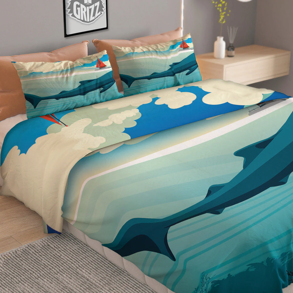 Blue Whale In Deep Sea Print Duvet Cover Bedding Set - Image 2
