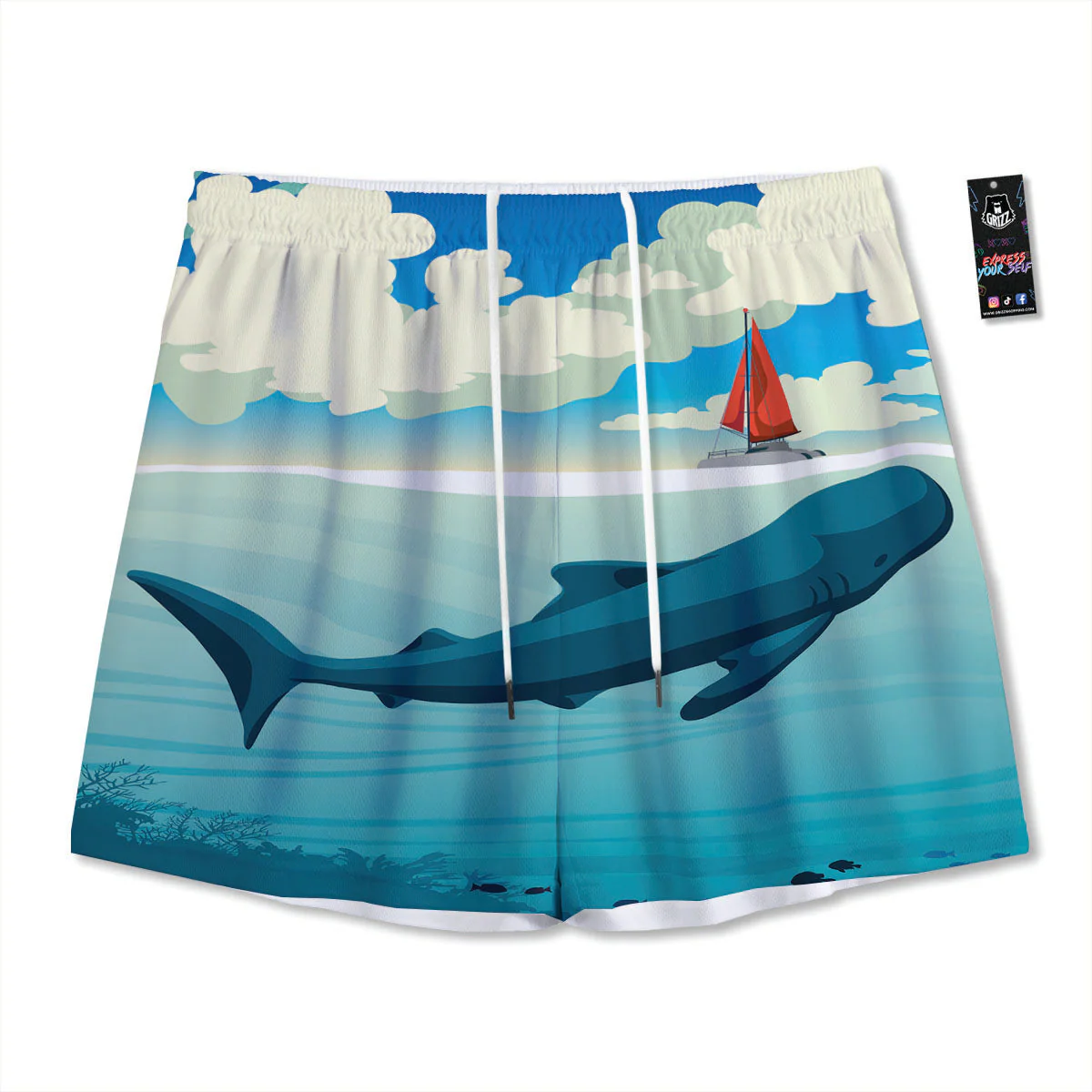 Blue Whale In Deep Sea Print Mesh Shorts