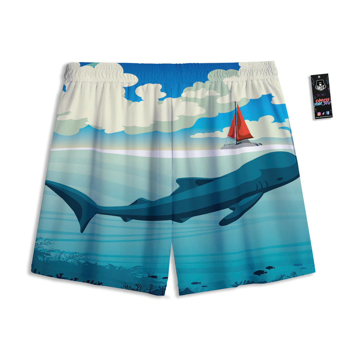Blue Whale In Deep Sea Print Mesh Shorts - Image 2