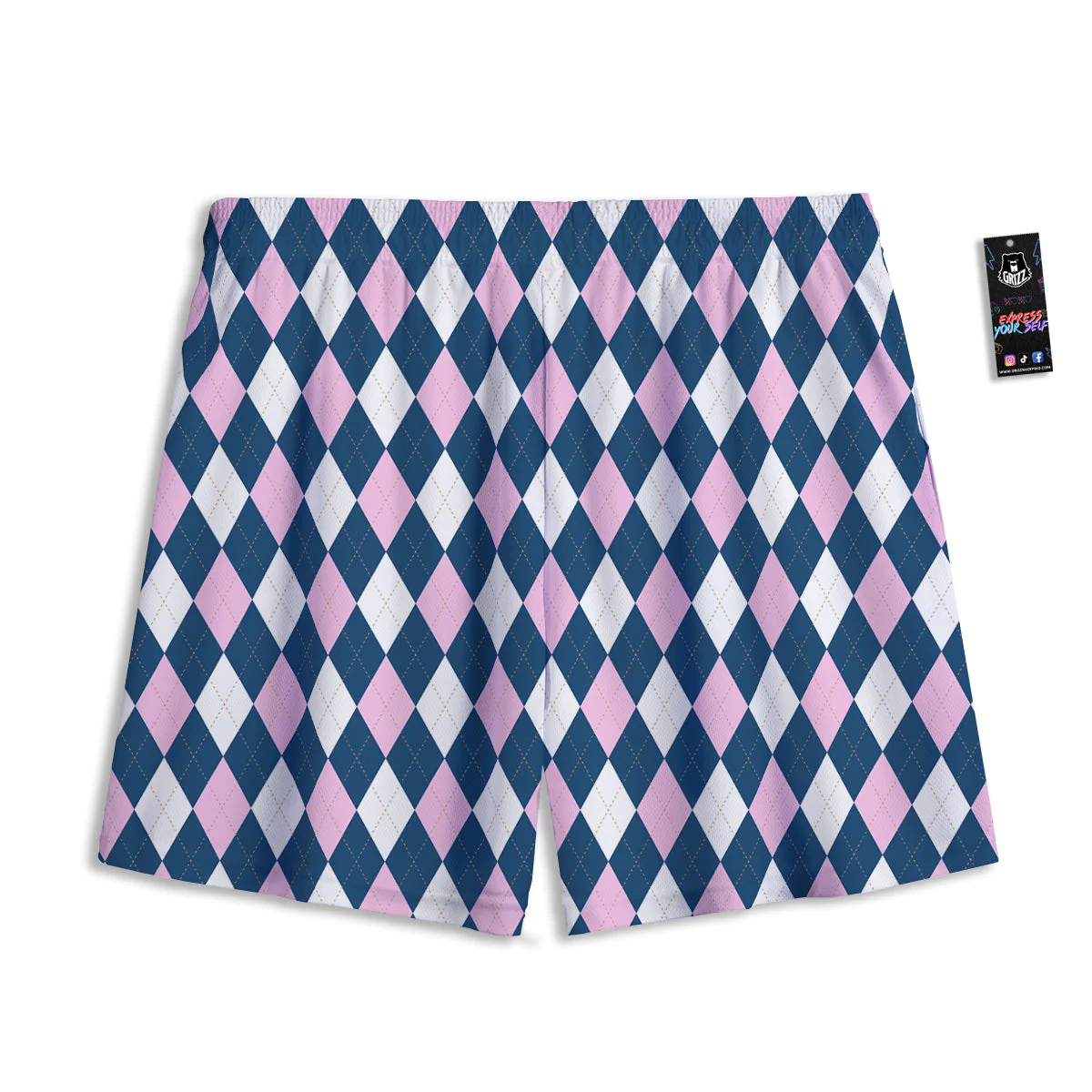 Blue White And Pink Argyle Print Pattern Mesh Shorts - Image 2