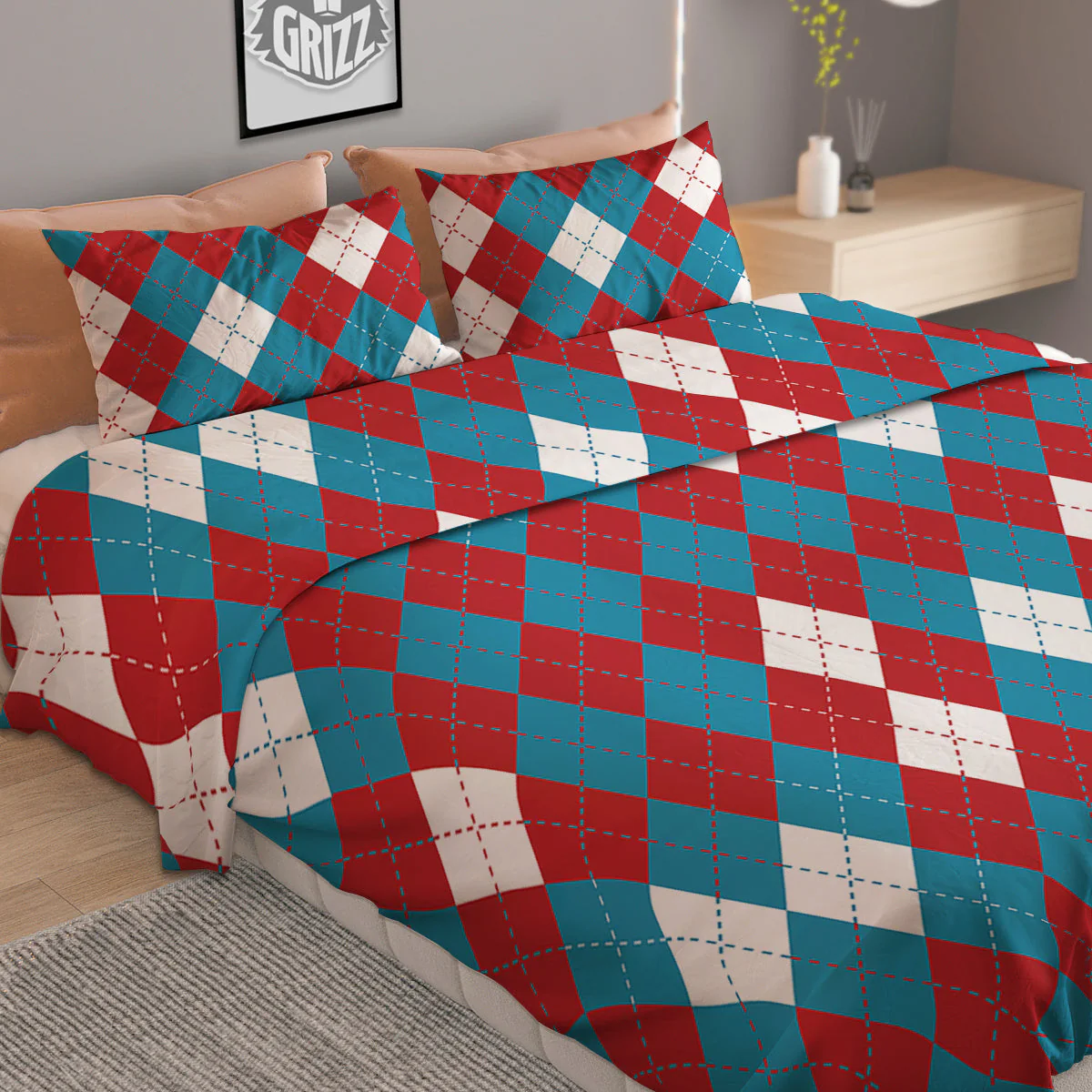 Blue White And Red Argyle Print Pattern Duvet Cover Bedding Set - Image 2