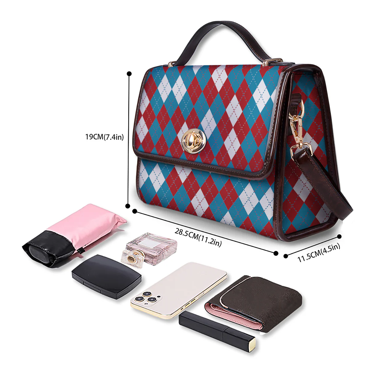 Blue White And Red Argyle Print Pattern Women's Satchel Bag - Image 4