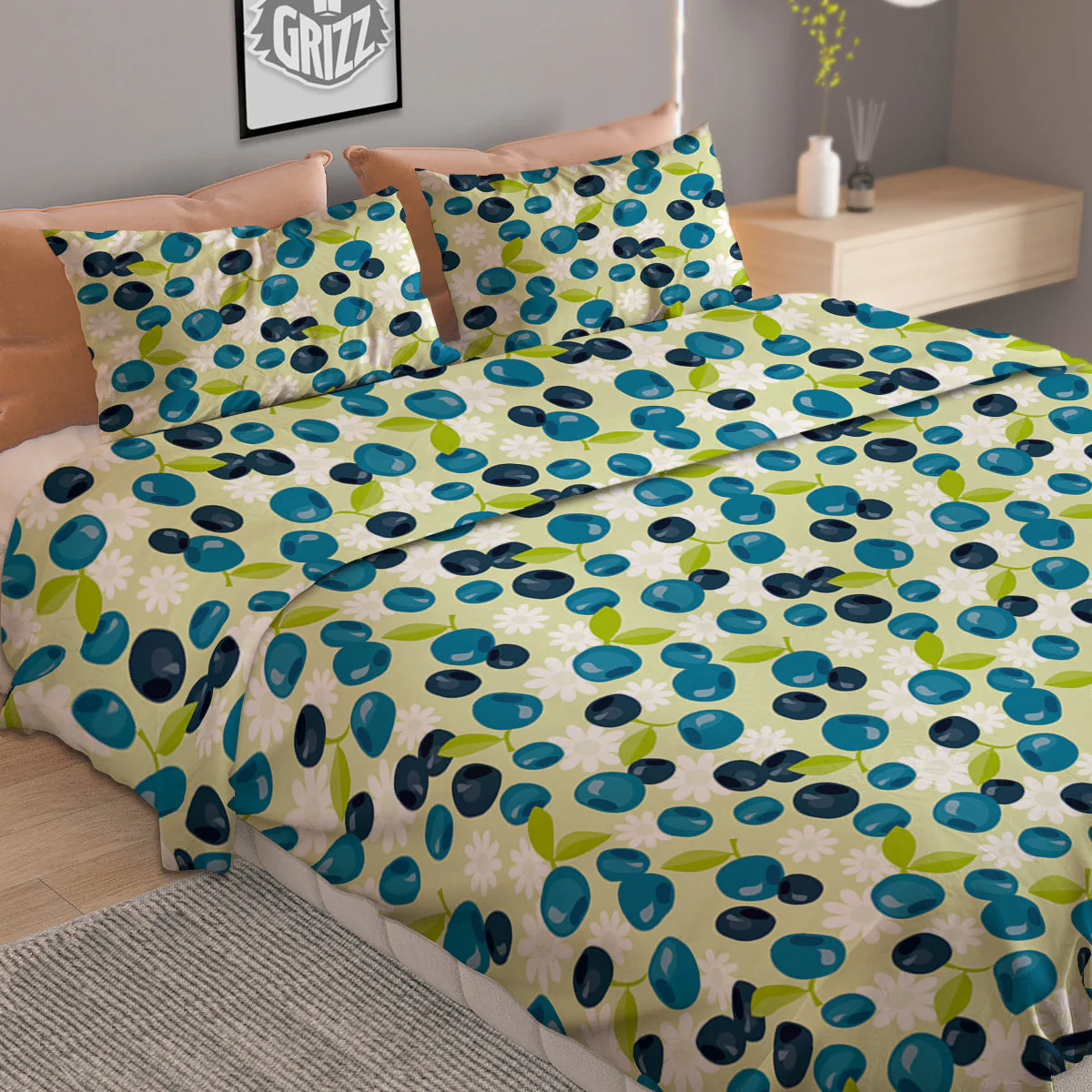 Blueberry And Daisy Print Pattern Duvet Cover Bedding Set - Image 2