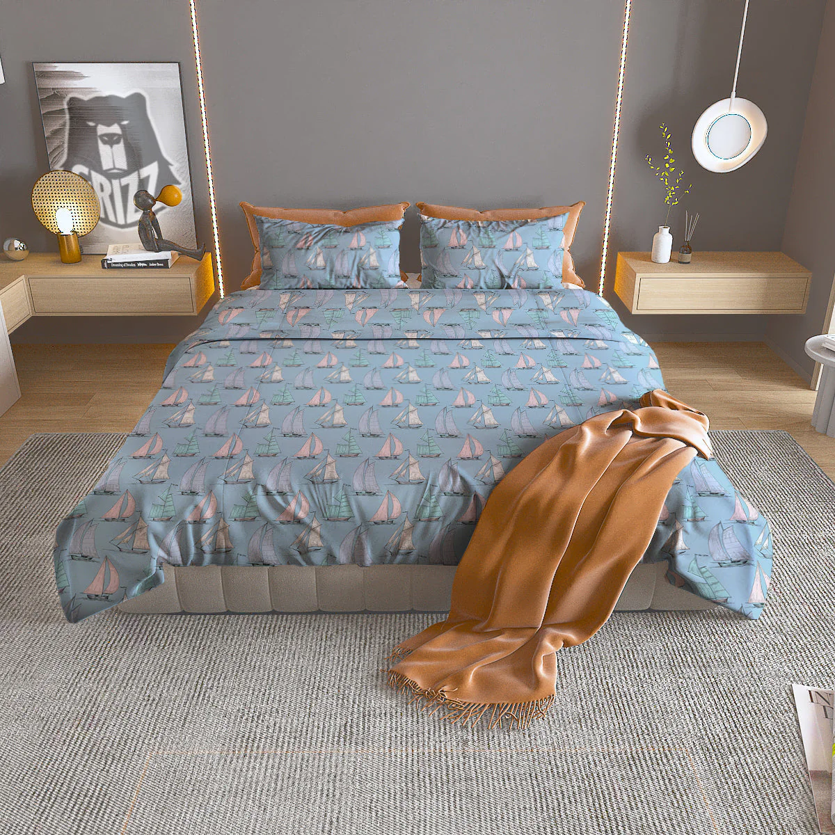 Boat Vintage Print Pattern Duvet Cover Bedding Set