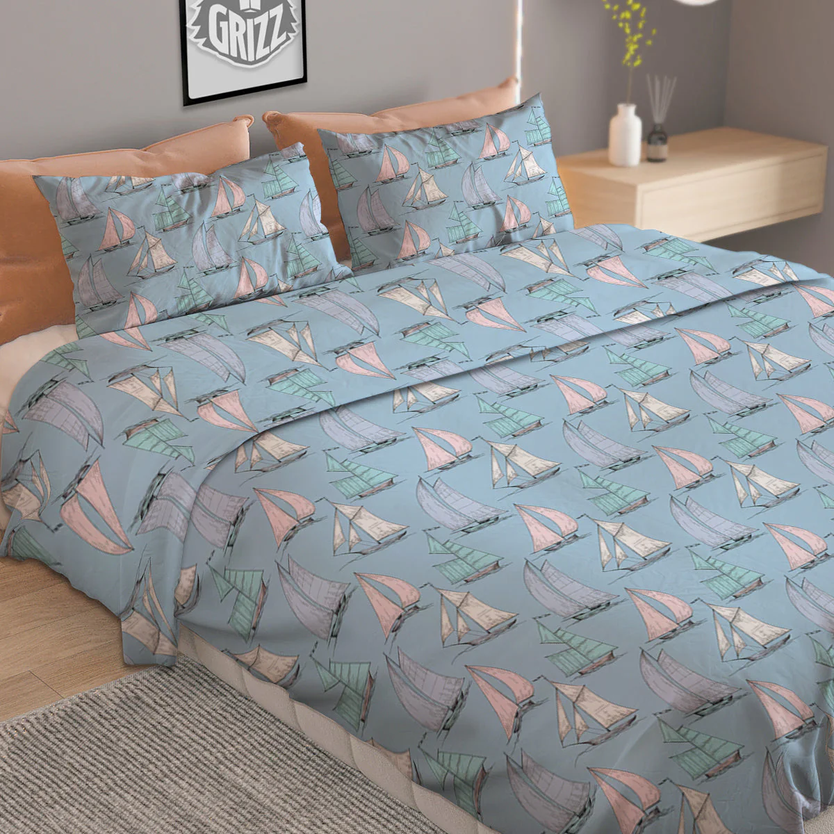 Boat Vintage Print Pattern Duvet Cover Bedding Set - Image 2