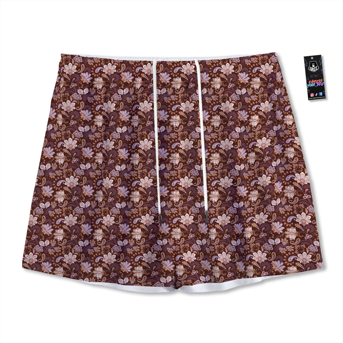 Bohemian Brown Floral Print Pattern Mesh Shorts