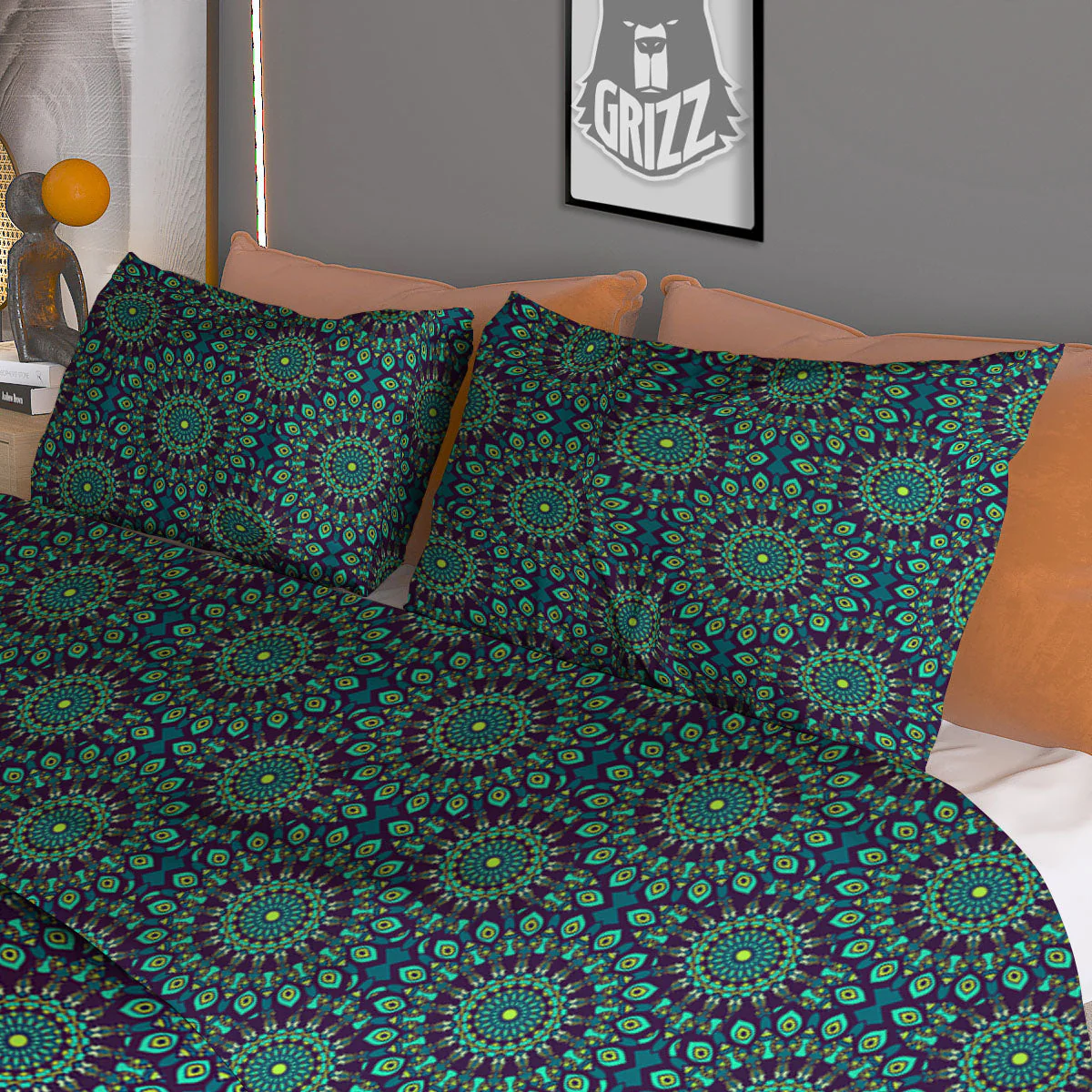 Bohemian Ethnic Teal Print Pattern Duvet Cover Bedding Set - Image 3