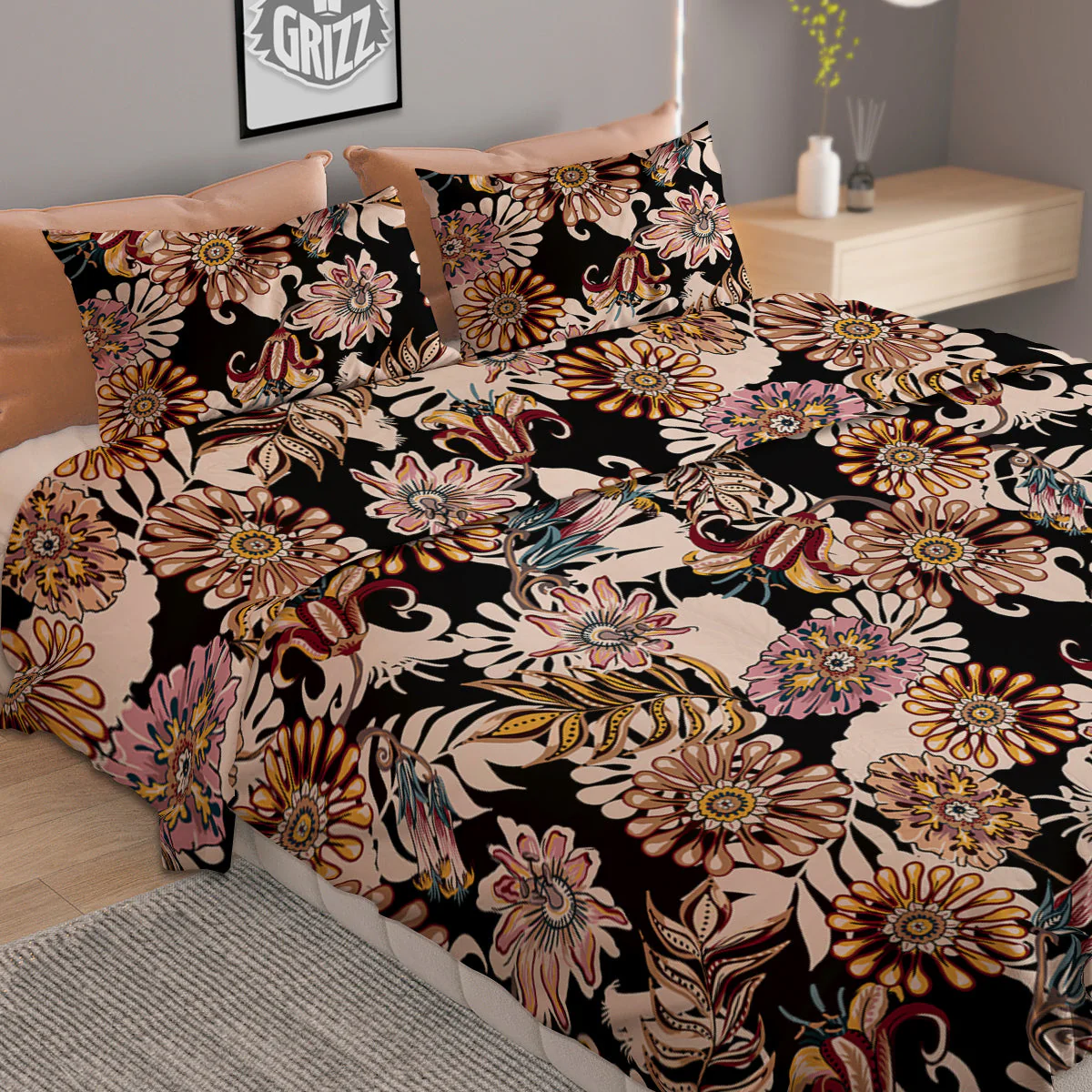 Bohemian Floral Brown Vintage Print Pattern Duvet Cover Bedding Set - Image 2