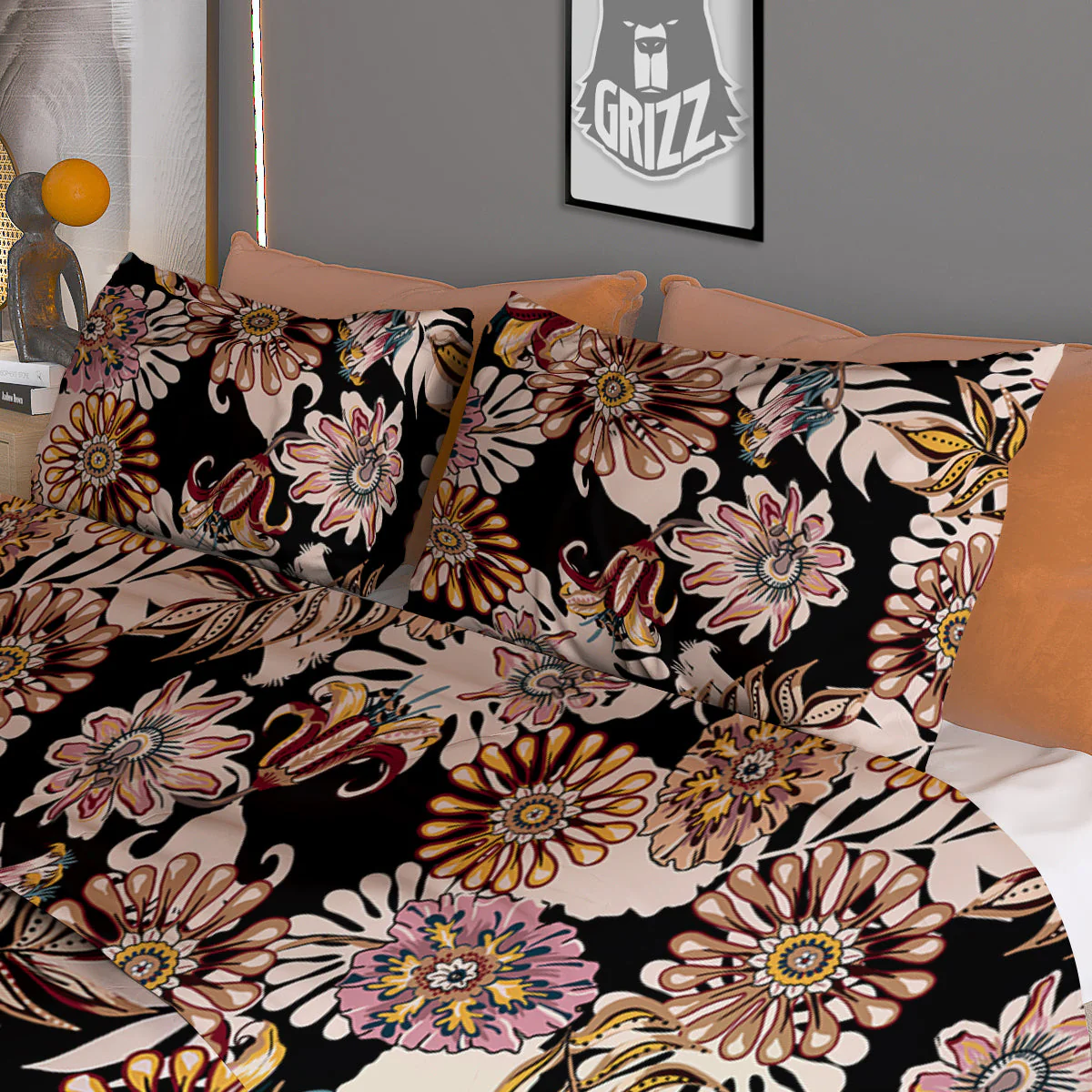 Bohemian Floral Brown Vintage Print Pattern Duvet Cover Bedding Set - Image 3