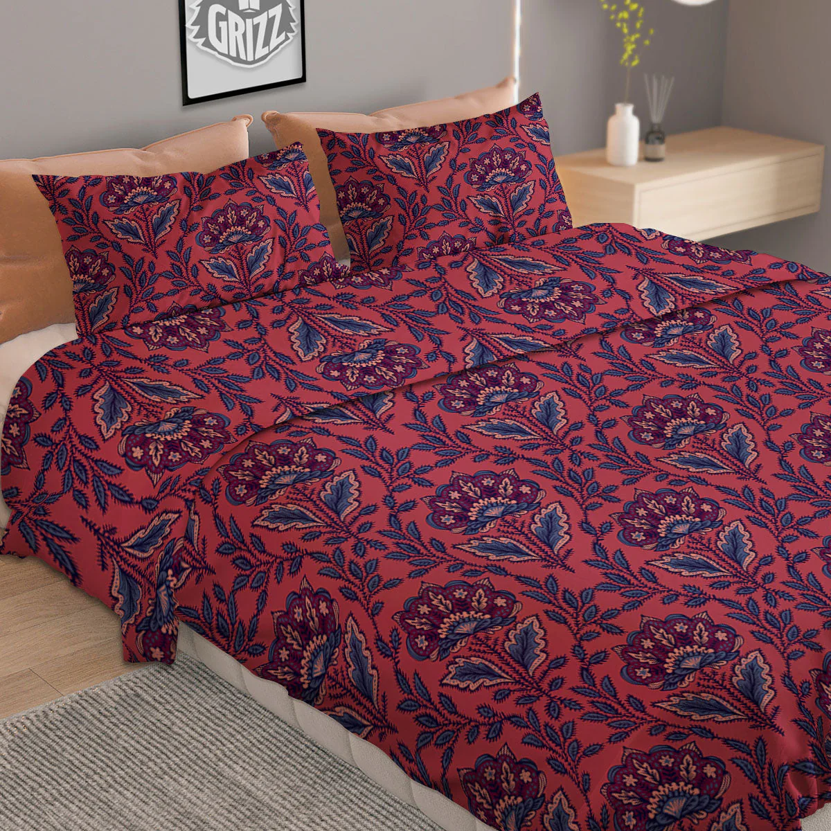 Bohemian Floral Maroon Vintage Print Pattern Duvet Cover Bedding Set - Image 2
