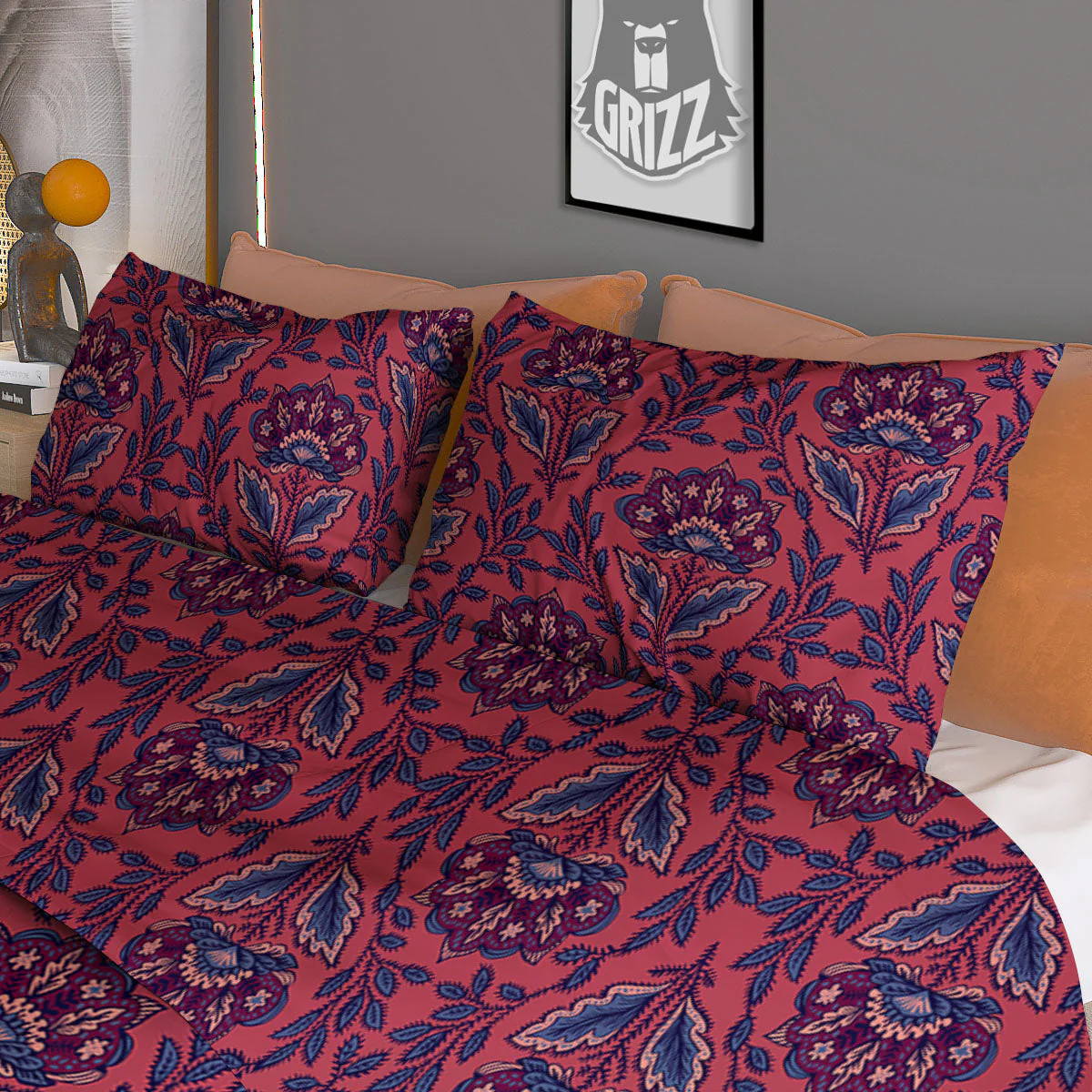 Bohemian Floral Maroon Vintage Print Pattern Duvet Cover Bedding Set - Image 3
