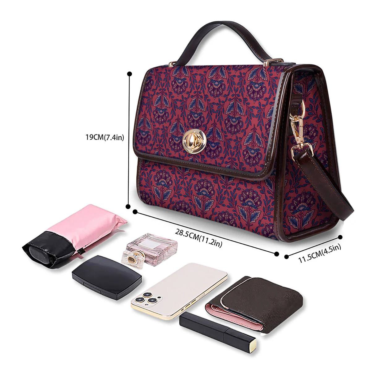 Bohemian Floral Maroon Vintage Print Pattern Women's Satchel Bag - Image 4